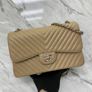 CHANEL BAG CLASSIC FLAP 30CM DOUBLE FLAP JUMBO CAVIAR CHEVRON BEIGE SHW NO.29 WC 27042339