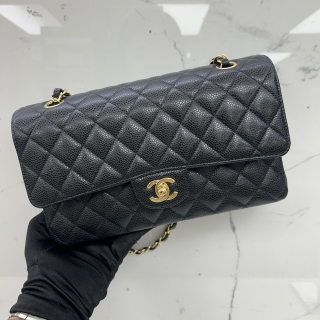CHANEL BAG CAVIAR SKIN A01112 MATELASSE CAVIAR SKIN DOUBLE FLAP BLACK MEDIUM 25CM MICROCHIPPED GHW APLLN8CH