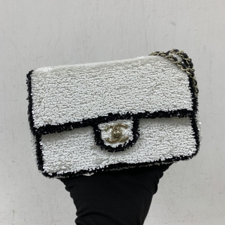 CHANEL BAG CLASSIC FLAP AS4561 SMALL CHAIN SEQUINS BLACK/WHITE GHW RFID MICROCHIPPED A8EJXT34