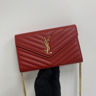 YSL BAG CASSANDRA 377828 WALLET ON CHAIN GRAIN DE POUDRE LEATHER RED GHW