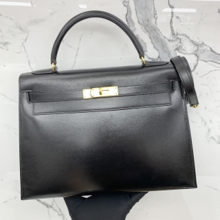 HERMES BAG KELLY 32 BOX CALF BLACK GHW 〇T STAMP