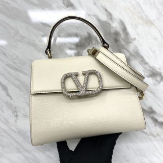 VALENTINO BAG LEATHER 2WAY TOP HANDLE WHITE RHINESTONES VSLING GRAINY CALFSKIN