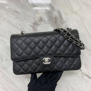 CHANEL BAG CLASSIC FLAP CAVIAR SKIN DOUBLE FLAP MEDIUM 25CM CHAIN SHOULDER BLACK SHW MICROCHIP XU7L1PC6