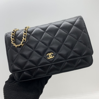 CHANEL SLG CAVIAR SKIN WALLET ON CHAIN BLAC RFID MICROCHIP BLACK GHW N7250088
