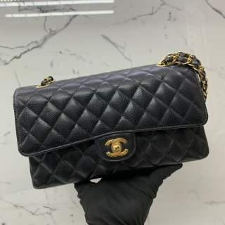 CHANEL BAG CLASSIC FLAP CAVIAR BLACK GHW MEDIUM 25CM WFLAP CHAIN SHOULDER RFID/MICROCHIPPED A01112 K1TAHHX3