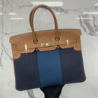 HERMES BAG BIRKIN 35 FLAG TOILE BARENIA GHW T STAMP T AS 006 IS