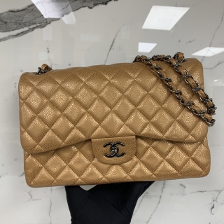 CHANEL BAG CAVIAR SKIN JUMBO 30CM DOUBLE FLAP CHAMPAGNE GOLD NO.14 W/CARD