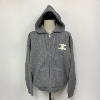 CELINE CLOTHES JACKET TRIOMPHE EMBROIDERY HOODED CARDIGAN IN RIBBED WOOL KNITTED GREY #S RY0JF0ZTQ.08MG