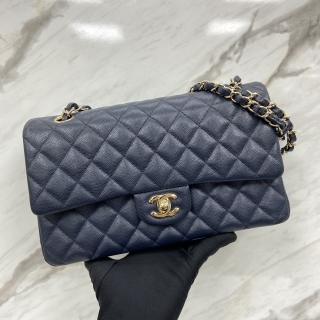 CHANEL BAG CLASSIC FLAP CAVIAR MEDIUM 25CM W FLAP NO.31 W/CARD NAVY WH