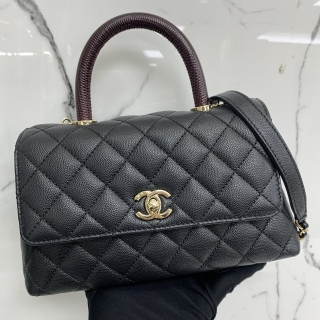 CHANEL BAG CAVIAR SKIN A92990 COCOHANDLE SMALL 23CM LIZARD BLACK GHW MICROCHIPPED RFID J5G9CJ38