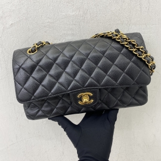 CHANEL BAG CLASSIC FLAP CAVIAR SKIN 25CM MEDIUM W DOUBLE FLAP CHAIN SHOULDER GHW NO.24 W/CARD