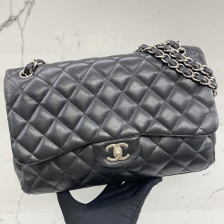 CHANEL BAG CLASSIC FLAP LAMBSKIN DOUBLE FLAP JUMBO 30CM SHW, BLACK, NO CARD, NO.14 14563294