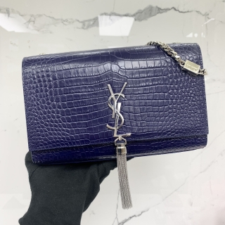 YSL BAG KATE 354119 CROCO EMBOSSED CHAIN SHOULDER TASSEL DARK BLUE SHW