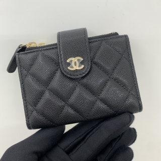 CHANEL SLG MATELASSE AP1928 CAVIAR DOUBLE ZIP COIN CARD HOLDER CASE BIFOLD BLACK GHW RFID CCULJHK9