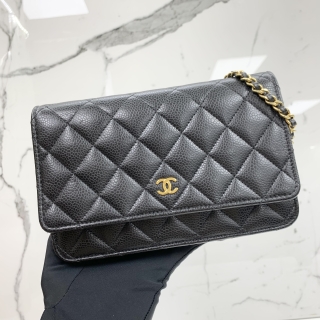 CHANEL BAG MATELASSE CAVIAR SKIN WALLET ON CHAIN GHW BLACK MICROCHIPPED X5LE016G
