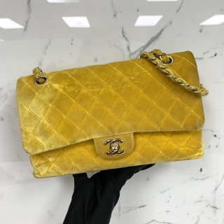 CHANEL BAG CLASSIC FLAP DOUBLE MEDIUM 25CM VELVET GHW YELLOW NO.21 (NO CARD)