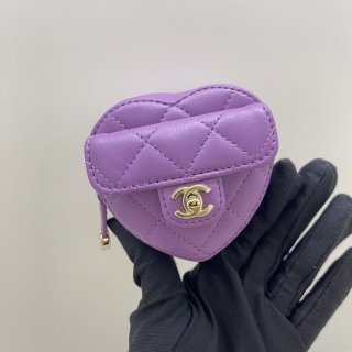 CHANEL SLG MATELASSE AP2786 HEART ZIPPED ARM COIN PURSE PURPLE GHW NO.32 WITH CARD 32052876