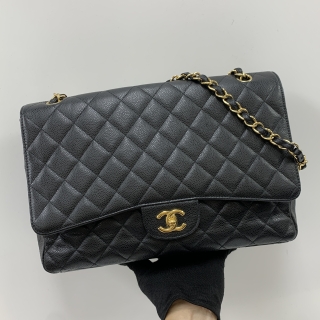CHANEL BAG MATELASSE CAVIAR SKIN DOUBLE FLAP MAXI 33CM GHW BLACK WITH CARD, NO.14