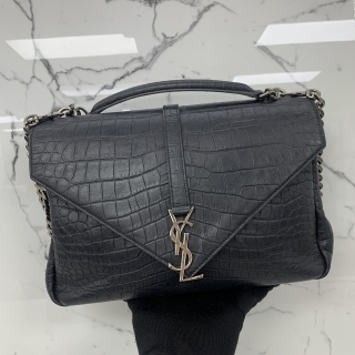 YSL BAG COLLEGE 421866 2WAY EMBOSSED CROCODILE CHAIN SHOULDER BLACK