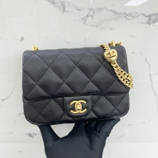 CHANEL BAG CAVIAR SKIN MATELASSE CHAIN HEART MINI FLAP BLACK RFID MICROCHIPPED ANX87LU5