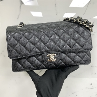 CHANEL BAG CLASSIC FLAP CAVIAR 25CM MEDIUM DOUBLE FLAP BLACK SHW NO.31 WITH CARD