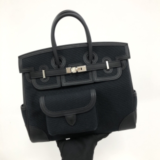 HERMES BAG BIRKIN 25 CARGO TOILE GOELAND/VEAU SWIFT BLACK K STAMP