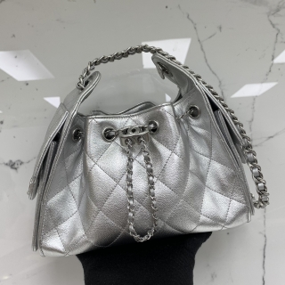 CHANEL BAG CAVIAR SKIN CHANEL25 MINI HOBO METALLIC SILVER MICROCHIPPED HXNX07X8