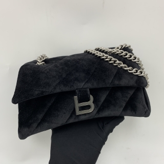 BALENCIAGA BAG 716351 BLACK VELVET HOURGLASS CRUSH CHAIN SHOULDER