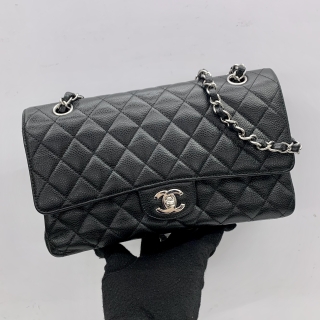 CHANEL BAG CLASSIC FLAP CAVIAR SKIN 25CM MEDIUM DOUBLE FLAP SHW BLACK WITH CARD, NO, 23 23519856