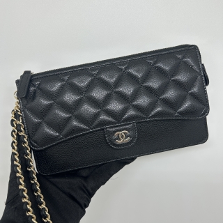 CHANEL SLG MATELASSE AP0766 19B WRISTLET CHAIN CLUTCH ZIP LONG WALLET BLACK GHW W/CARD NO.28 28402184