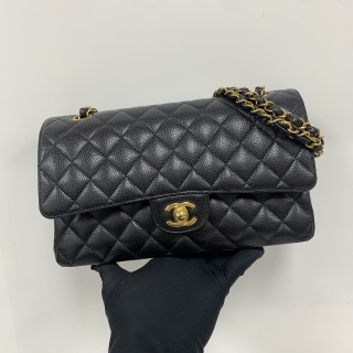 CHANEL BAG CLASSIC FLAP A01112 CAVIAR SKIN CLASSIC W DOUBLE FLAP MEDIUM 25CM GHW BLACK MICROCHIPPED