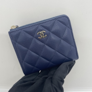CHANEL SLG MATELASSE AP3999 L-ZIP COMPACT NAVY BLUE GHW MICROCHIPPED