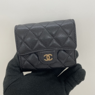 CHANEL SLG MATELASSE AP0229 CAVIAR COMPACT TRIFOLD WALLET GHW BLACK RFID MICROCHIP P8UPLH64