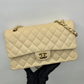 CHANEL BAG CLASSIC FLAP MATELASSE LAMBSKIN BEIGE 25CM MEDIUM DOUBLE FLAP NO.15 W CARD 15448664