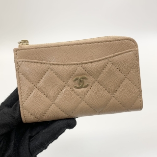 CHANEL SLG CAVIAR SKIN COIN CARD CASE BEIGE RFID H22C9A06