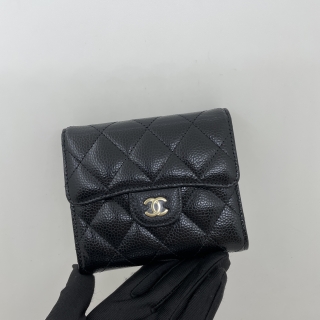 CHANEL SLG CAVIAR SKIN COMPACT TRIFOLD WALLET BLACK GHW RFID MICROCHIPPED LAK4U3TG