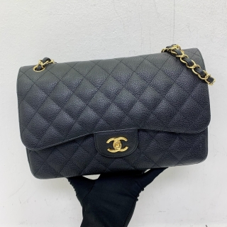 CHANEL BAG CLASSIC FLAP CAVIAR SKIN DOUBLE FLAP JUMBO 30CM GHW BLACK NO CARD NO.18 18017289