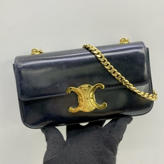 CELINE BAG TRIOMPHE CHAIN SHOULDER IN SHINY CALFSKIN GHW BLACK ?-CU-1223