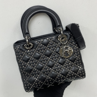 DIOR BAG LADY MEDIUM 2WAY LEATHER LUCKY STAR STUDS BLACK 01-RU-0272