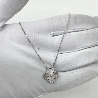 VAN CLEEF & ARPELS FINE JEWELRY NECKLACE VINTAGE ALHAMBRA GUILLOCHE PENDANT MOP WG750 W/CERT 2023 JF553240 FULLSET 6.87G
