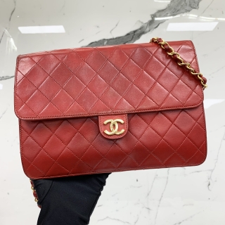 CHANEL BAG MATELASSE LAMBSKIN VINTAGE SINGLE FLAP 25CM PUSHLOCK GHW CHAIN SHOULDER GHW RED , WITH CARD, NO.02
