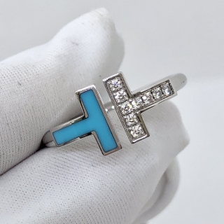 TIFFANY FINE JEWELRY RING T WIRE DIAMONDS & TURQUOISE WG750 4.475G (FULL SET)