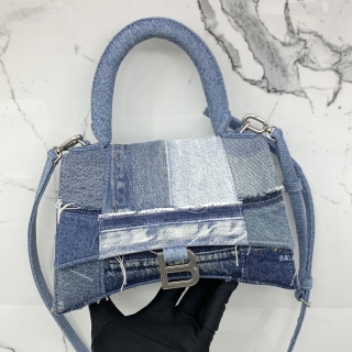 BALENCIAGA BAG 593546 HOURGLASS UPCYCLED DENIM PATCHWORK 2WAY