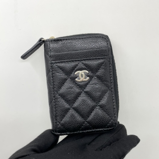 CHANEL SLG CAVIAR SKIN AP1650 COMPACT ROUND ZIP COIN CARD CASE BLACK GHW MICROCHIP