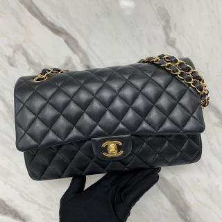 CHANEL BAG MATELASSE CLASSIC DOUBLE/ W FLAP MEDIUM 25CM LAMBSKIN BLACK GHWNO.29 W/ CARD 29504289