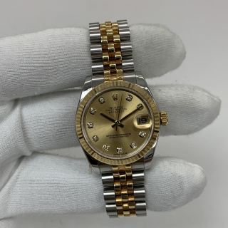 ROLEX WATCH DATEJUST 178273G GOLD DIAL DIAMOND FULL SET 2015 22 LINKS