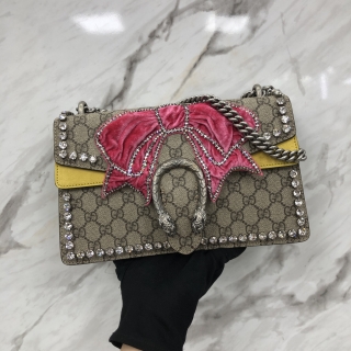 GUCCI BAG 400249 RIBBON CRYSTAL CHAIN SHOULDER YELLOW