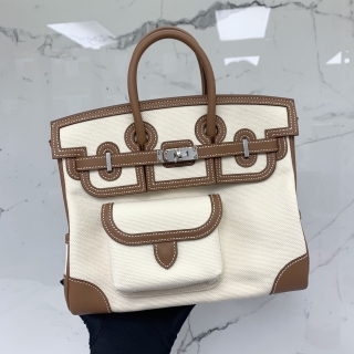 HERMES BAG BIRKIN 25 CARGO TOILE GOELAND/VEAU SWIFT PHW ECRU/GOLD, K STAMP W/INVOICE