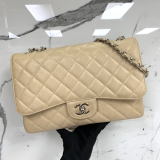 CHANEL BAG CLASSIC FLAP CAVIAR 30CM JUMBO SINGLE FLAP BEIGE SHW W/CARD NO.13