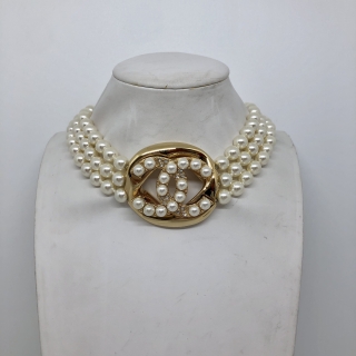 CHANEL FASHION JEWELRY NECKLACE B24 THREE LAYER PEARLS CHOKER COCO PENDANT